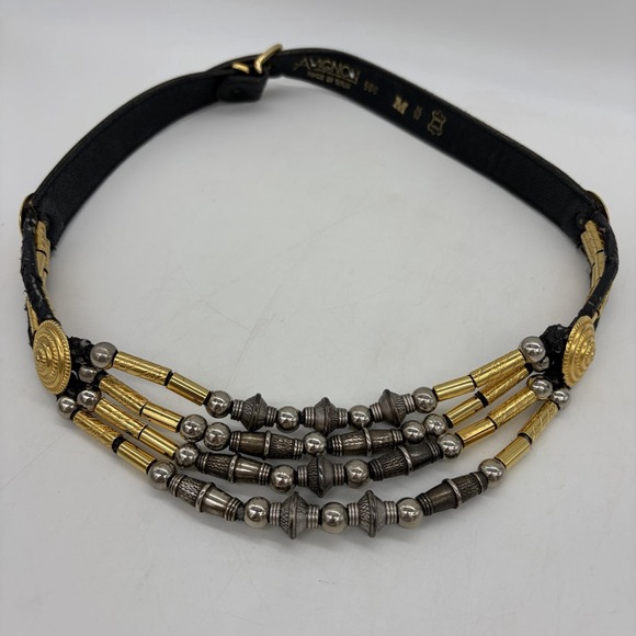 Avignon Accessories - Vintage Avignon Womens M Belt Black Leather Silver & Gold Beading Boho Western